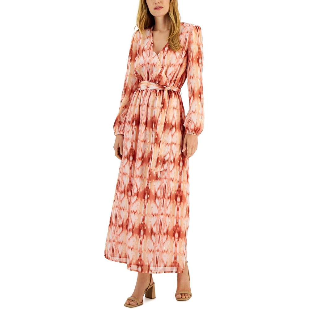 INC International Concepts Womens Peach S Abstract Print Long Sleeve Maxi Dress